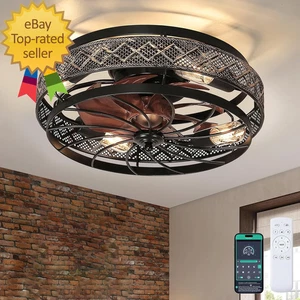 Low Profile Caged Ceiling Fans with Lights and Remote, Flush Mount Ceiling Fan w - Picture 1 of 1