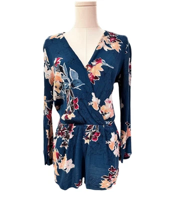 Romper Lulus verde-azulado floral gola V envoltório falso manga longa médio - Imagem 1 de 4