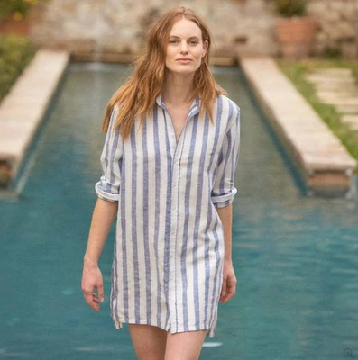 Frank & Eileen Hunter Step-Hem Dress XXS Blue & White Striped Linen Blend - Image 1 of 4