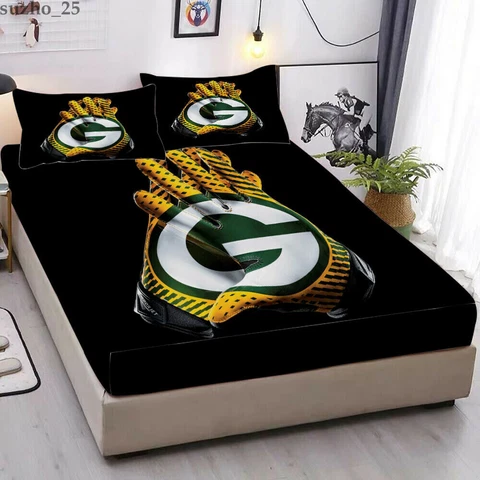Green Bay Packers Fitted Sheet 3PCS Deep Pocket Bed Sheet Pillowcase Bedding Set Cover
