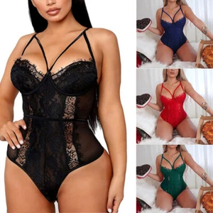Plus Size Women Sexy Lingerie One-Piece V-Neck Lace Bodysuit Sleepwear Underwear - Picture 1 of 31