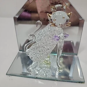 Spun Blown Glass Cat Figurine Hand Blown Clear w Purple Tie on Mirrors 4"x3.5” - Picture 1 of 9