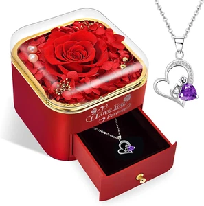 Preserved LED Rose Gifts for Mom Her Girlfriend Women with I Love You Necklace - Picture 1 of 11