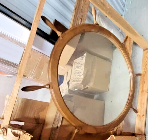 Antique  Round ship wheel  Large mirror wooden frame Large 38” Cover