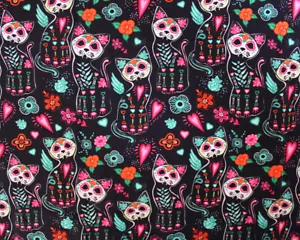100% Premium Cotton Fabric Little Johnny spooky Halloween Sugar Skull Cats Dark - Picture 1 of 3