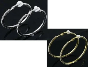 1 Pair Clip-On Rhinestone Hoop Earrings Silvertone or Goldtone Small to 2XL - Picture 1 of 6