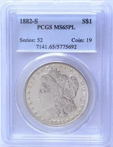1882-S MORGAN SILVER S$1 DOLLAR COIN. PCGS: MS65PL. SERIES: 52 COIN:19. 5775692 - Picture 1 of 2