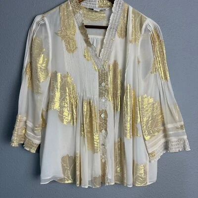 Blusa Diane von Furstenberg DVF Layla Plisada de Seda Hoja Dorada Brocado Top Talla 4 Foto 1 de 4