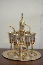 Muglai Metal Brass 6 Wine Glass Set with Aftaba tray with Collectible Art Homes