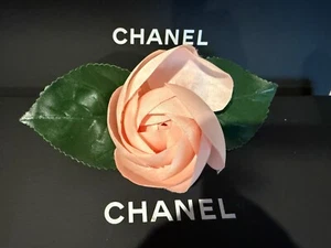 CHANEL VINTAGE NEW PINK CAMELLIA WITH GREEN LEAVES BROOCH PIN XLARGE 6" - Picture 1 of 12