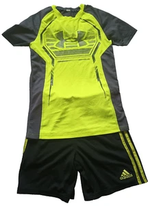 EUC Hug Lot Of 2 Set Boys Short Sleeves & Short Adidas & Under Amour Bundle 7-8 - Picture 1 of 5