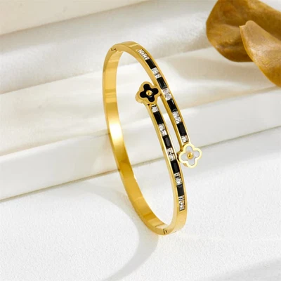 Stainless Steel Gold Cubic Zirconia Women Tarnish-Free Bangle Bracelet Size 7 - Image 1 of 4