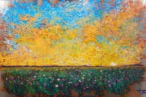 Sunrise Field 24x36 Pintura Original Enmarcada sobre Vidrio Acrílico Van Gogh Monet - Imagen 1 de 3