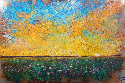 Sunrise Field  24x36 Framed Original Painting on Acrylic Glass Van Gogh Monet - Image 1 of 3