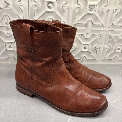 FRYE ANNA SHORTIE Bota de Cuero Coñac Motociclista Montar Botín Zapato Talla 8.5 Foto 1 de 4