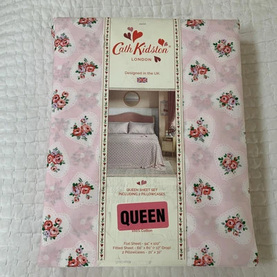 Cath Kidston QUEEN Small Rosebud Pink Floral  Cottage Shabby Cotton Sheet Set - Image 1 of 4