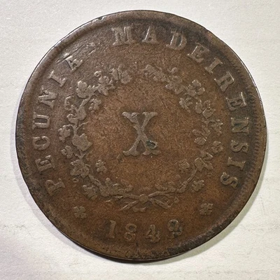 Moneda de cobre de 10 Reis de Portugal Isla Madeira 1842 tipo moneda muy escasa Foto 1 de 2
