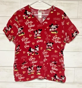 Disney Mickey & Minnie Mouse Red Valentines Kisses Scrub Top Size Large - Picture 1 of 5