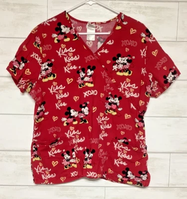 Disney Mickey & Minnie Mouse Red Valentines Kisses Scrub Top Size Large - Image 1 of 4