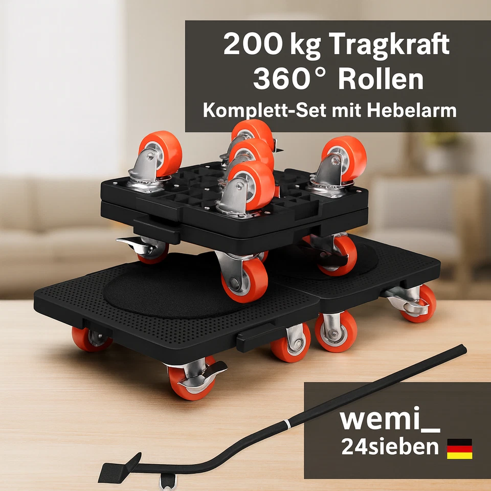 Möbelroller Set 4 Stück Schwerlast Transportrollen mit Möbelheber bis 200kg - Bild 1 von 4