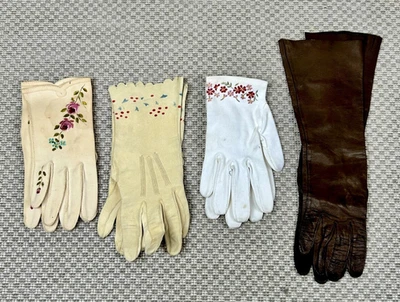 Lote de 4 Guantes Vintage Bordados Florales Cuero Gamuza Pintado Disfraz Inspo Foto 1 de 4
