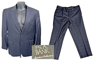 Jos A Bank Suit Signature Collection Windowpane 100% Wool 44R Gray 38x28 Pant - Picture 1 of 21