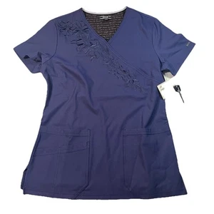 ELLE~ ¡NUEVO CON ETIQUETAS!!~MODERNO TOP EXFOLIANTE CLÁSICO AZUL BORDADO CUELLO EN V PANELES DE PUNTO EL705 XS - Imagen 1 de 8