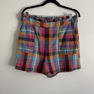 Mi Ami Francesca’s Women L Colorful Plaid Cotton Gauze Pockets Paperbag Shorts - Picture 1 of 9