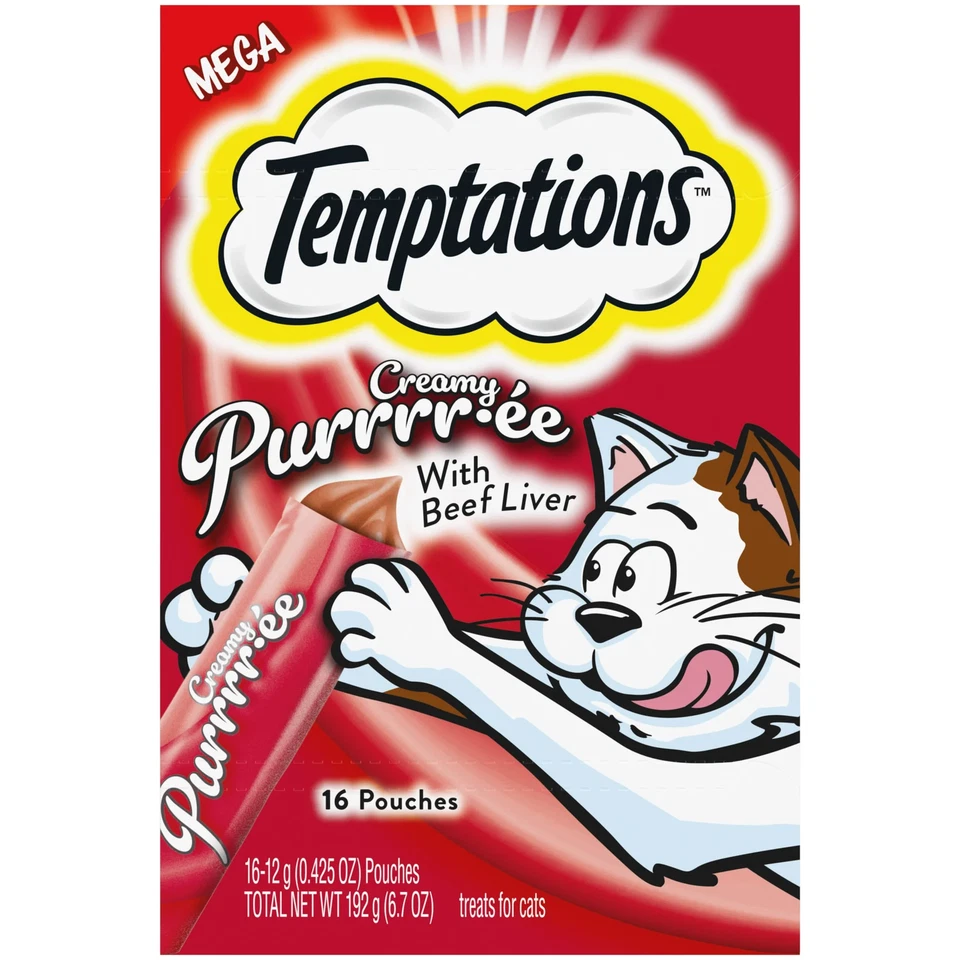 Temptations Creamy Puree With Beef Liver Lickable Squeezable Cat Treats 16-Pac