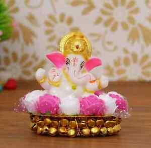 legant Pink and White Floral Lord Ganesha Idol on Traditional Metal Plate - 15.2