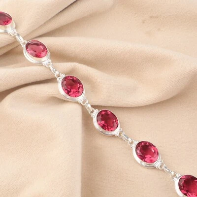 Brazalete de cadena de plata de ley 925 con piedras preciosas de turmalina rosa natural para niñas Foto 1 de 4