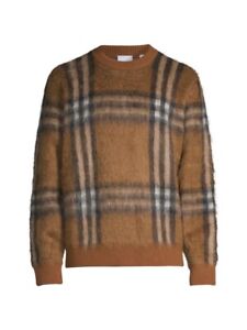 Authentic NEW BURBERRY Men's DENVER Mohair Wool Brown Check Crew Knit Sweater L