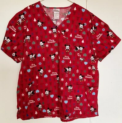 Disney Cuties Mickey Minnie Mouse "Merry Kissmouse" Medical Uniform Scrub Top L - Image 1 of 2