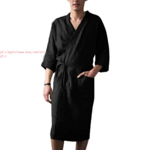 Men's Kimono Robe Cotton Bathrobe Casual Clothing Pajamas Long Gown Nightgown - Picture 1 of 12