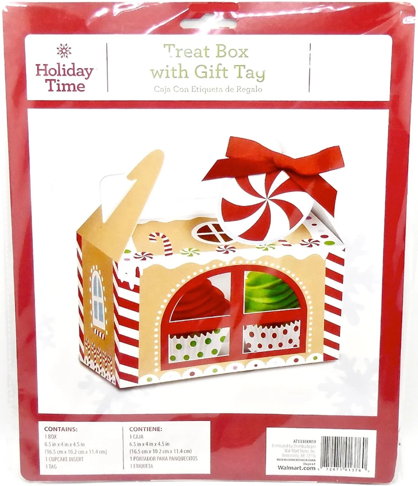 Christmas Treat Gable Box,Gold,Red/White Stripes,Handle,Cupcake Insert,6.5x4x4.5 - Image 1 of 1