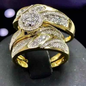 His & Her Trio Wedding Ring Set 2.50 Ct Real Moissanite 14K Yellow Gold Plated - Picture 1 of 3