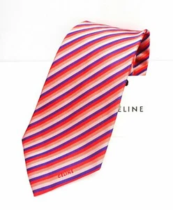 $195 CELINE - Modern Silk LOGO Tipped Red/Pink/Navy Tie Necktie - - Picture 1 of 5