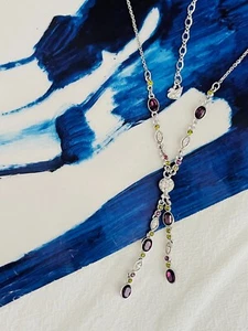 Swarovski Oval White Purple Green Crystals Tassel Y Opera Long, Necklace Silver - Picture 1 of 13