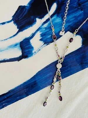 Collar Largo Swarovski Ovalado Blanco Púrpura Verde Cristales Borla Y Opera Plateado Foto 1 de 4