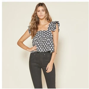 Outerknown Astrid Top Piece & Co Black White Floral Ruffle Sleeves Medium - Picture 1 of 11
