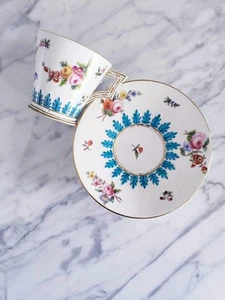 British Hand Painted Floral Turquoise & Gold Tea Cup & Saucer Circa 1840-1850s - Picture 1 of 9