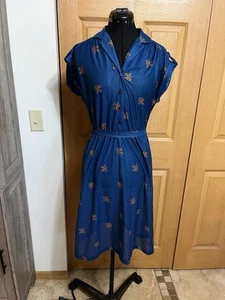 Vintage 80s Blue Floral Belted Shirt Dress Sz 10 Midi Cap Sleeve Cottagecore - Picture 1 of 12