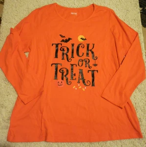 Womens Halloween Top Trick Or Treat 1X Juniors Plus Orange Long Sleeves New NWT - Picture 1 of 2