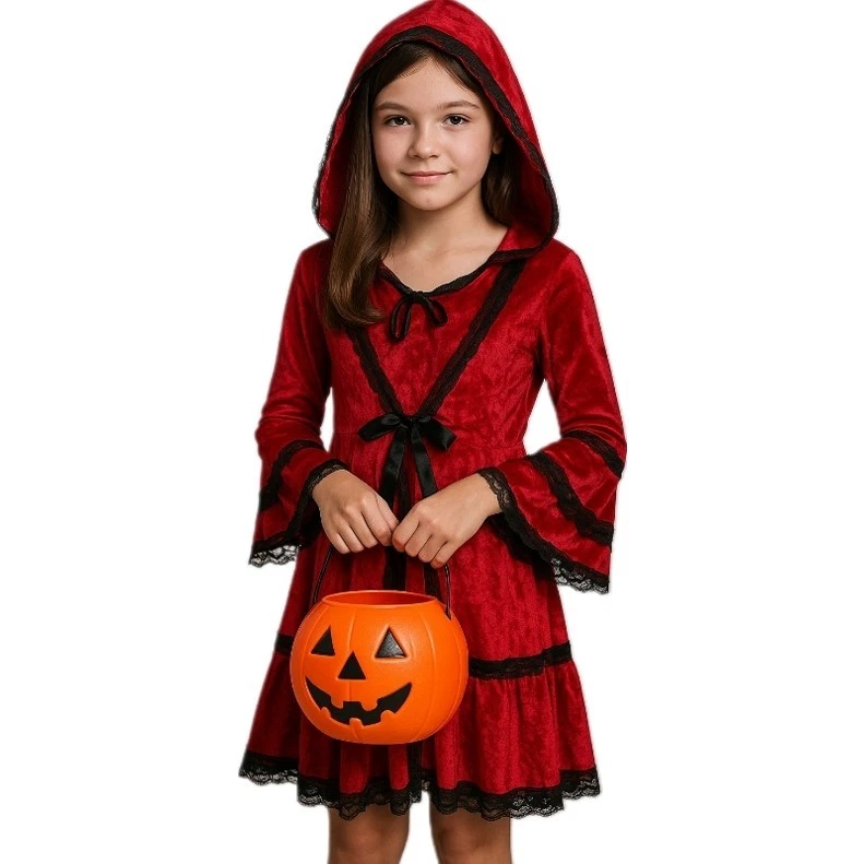 Vestido Disfraz Caperucita Roja Strangeling Niñas Gótico Terciopelo Encaje Talla 14 Foto 1 de 4