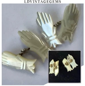 Vintage Art Deco Mother Of Pearl Carved Hands Chain Link Cufflinks - Picture 1 of 8