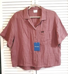 Columbia WOMEN'S LARGE Cotton Button Front SS Top Holly Hideaway Breezy FIG Pink - Picture 1 of 7