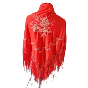 Vintage großes Tuch in V-Form orange weiß Blumen bestickt mit Fransen - Bild 1 von 4
