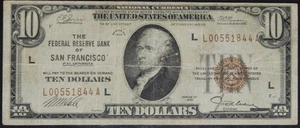 1929 F15 Federal Reserve, San Francisco 10$ Note, SN L00551844A - Picture 1 of 4