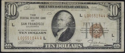 1929 F15 Federal Reserve, San Francisco 10$ Note, SN L00551844A - Image 1 of 4