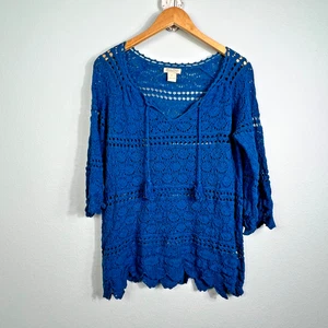 Top para mujer Lucky Brand crochet manga 3/4 azul borla festoneado bohemio XL - Imagen 1 de 13